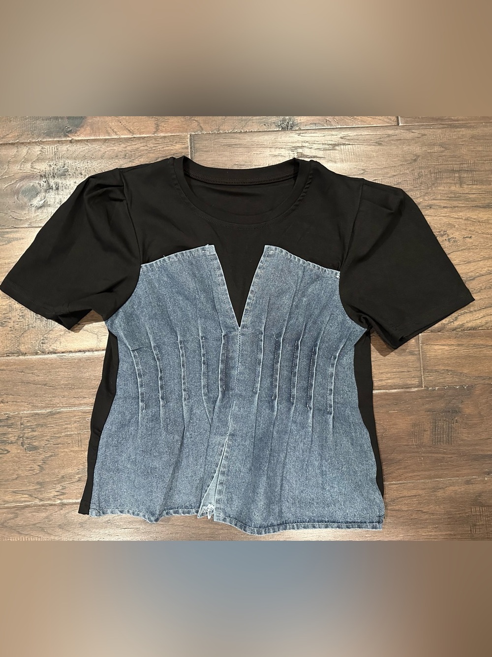 Black & Denim Panel Women’s Top - Classic Casual Size Small to Medium